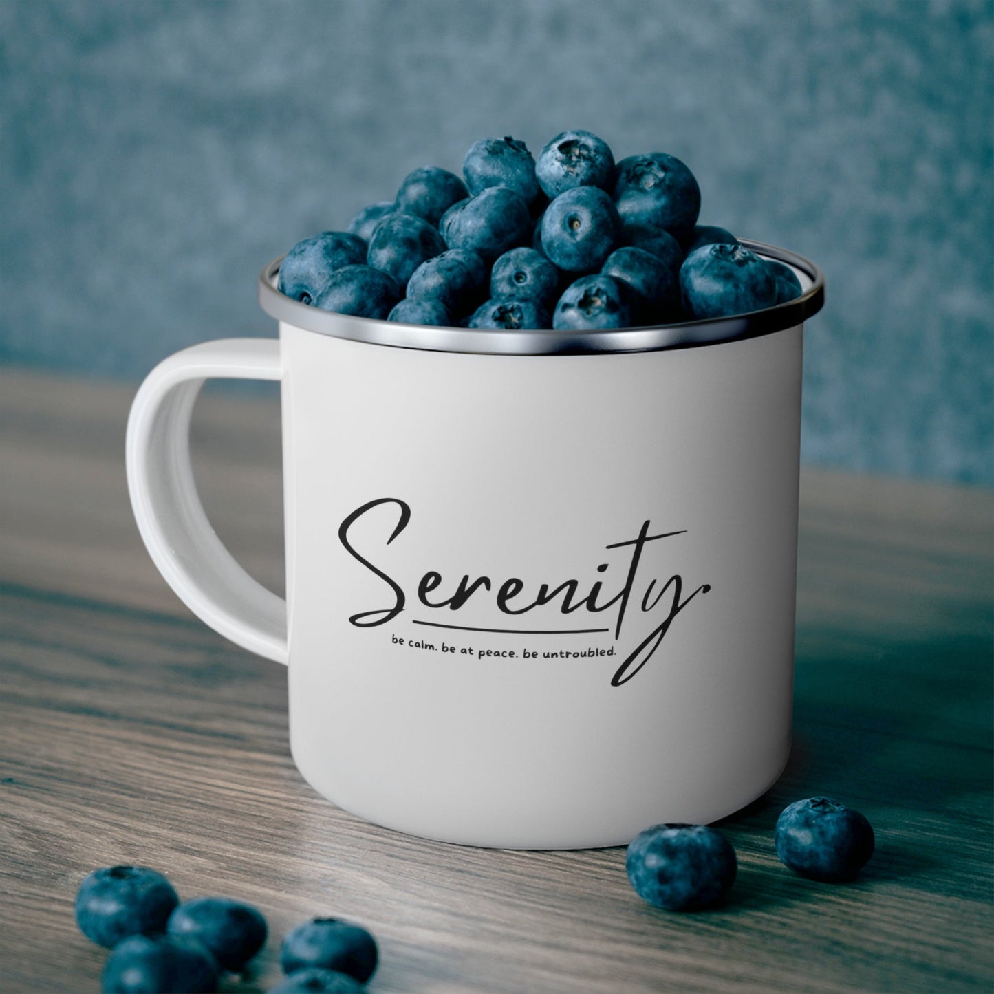 Enamel Camping Mug, Serenity - Be Calm Be At Peace Be Untroubled - Inspiration - Black-4